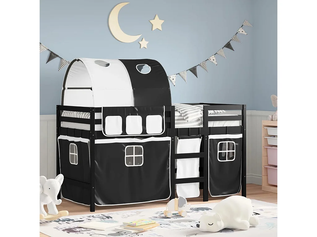 Lit mezzanine enfants et tunnel blanc-noir 90x200 pin massif