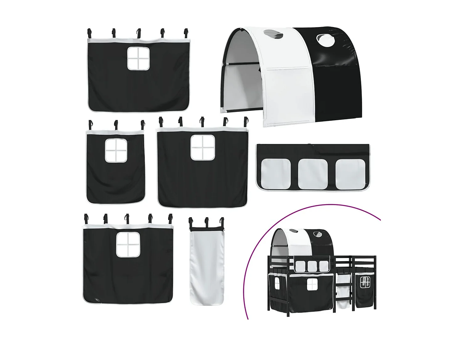 Lit mezzanine enfants et tunnel blanc-noir 90x200 pin massif