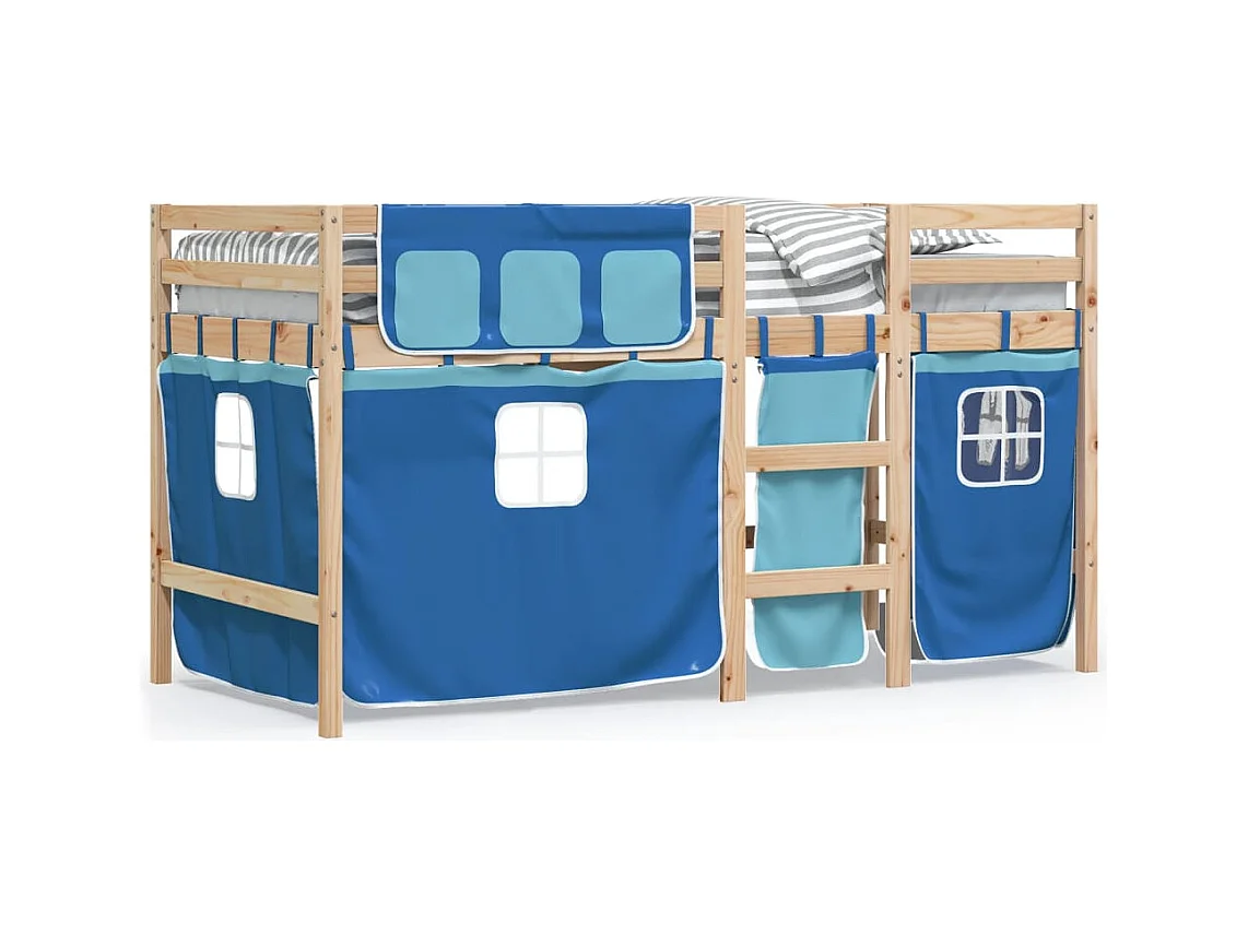 Lit mezzanine enfants et rideaux bleu 90x200 bois pin massif