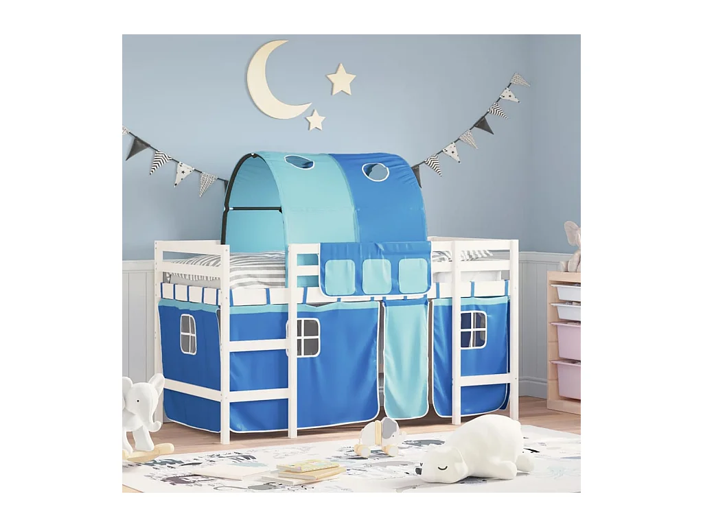 Lit mezzanine enfants et tunnel bleu 90x200 bois pin massif