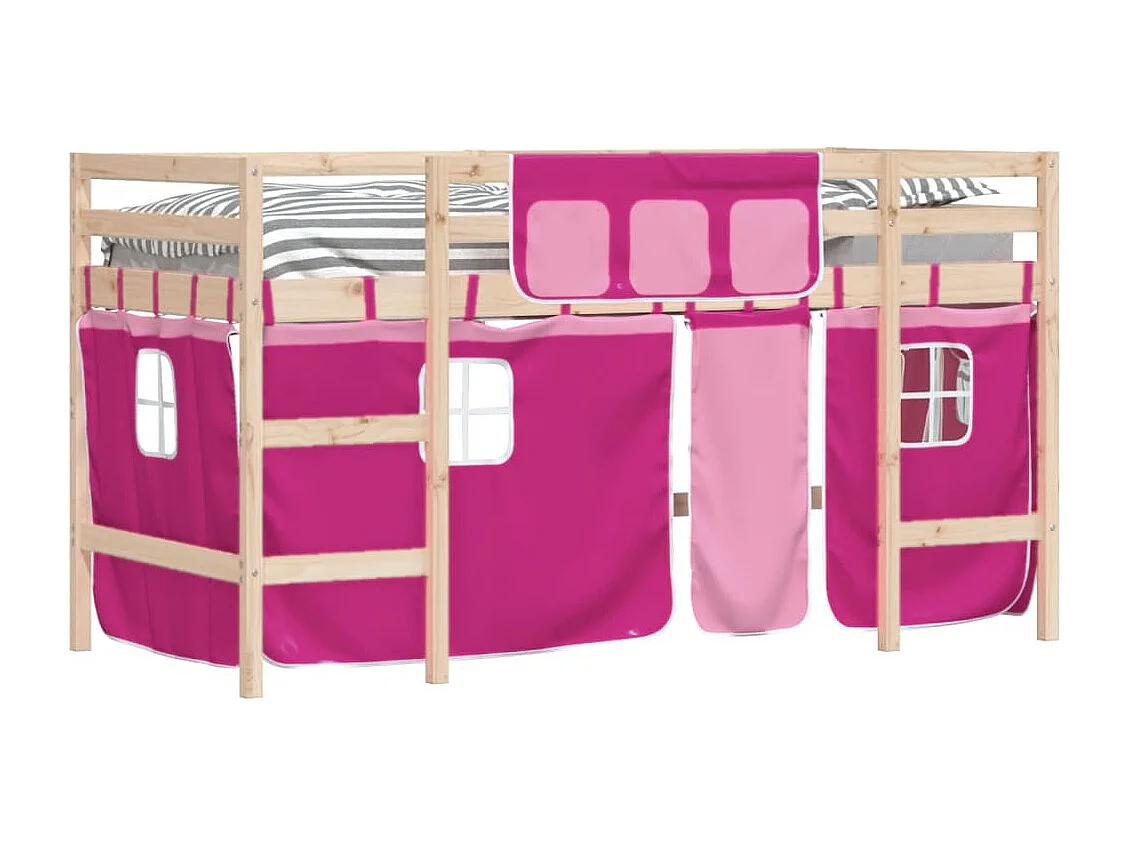 Lit mezzanine enfants et rideaux rose 80x200 bois pin massif