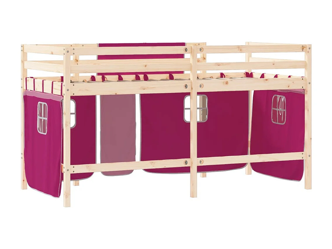 Lit mezzanine enfants et rideaux rose 80x200 bois pin massif