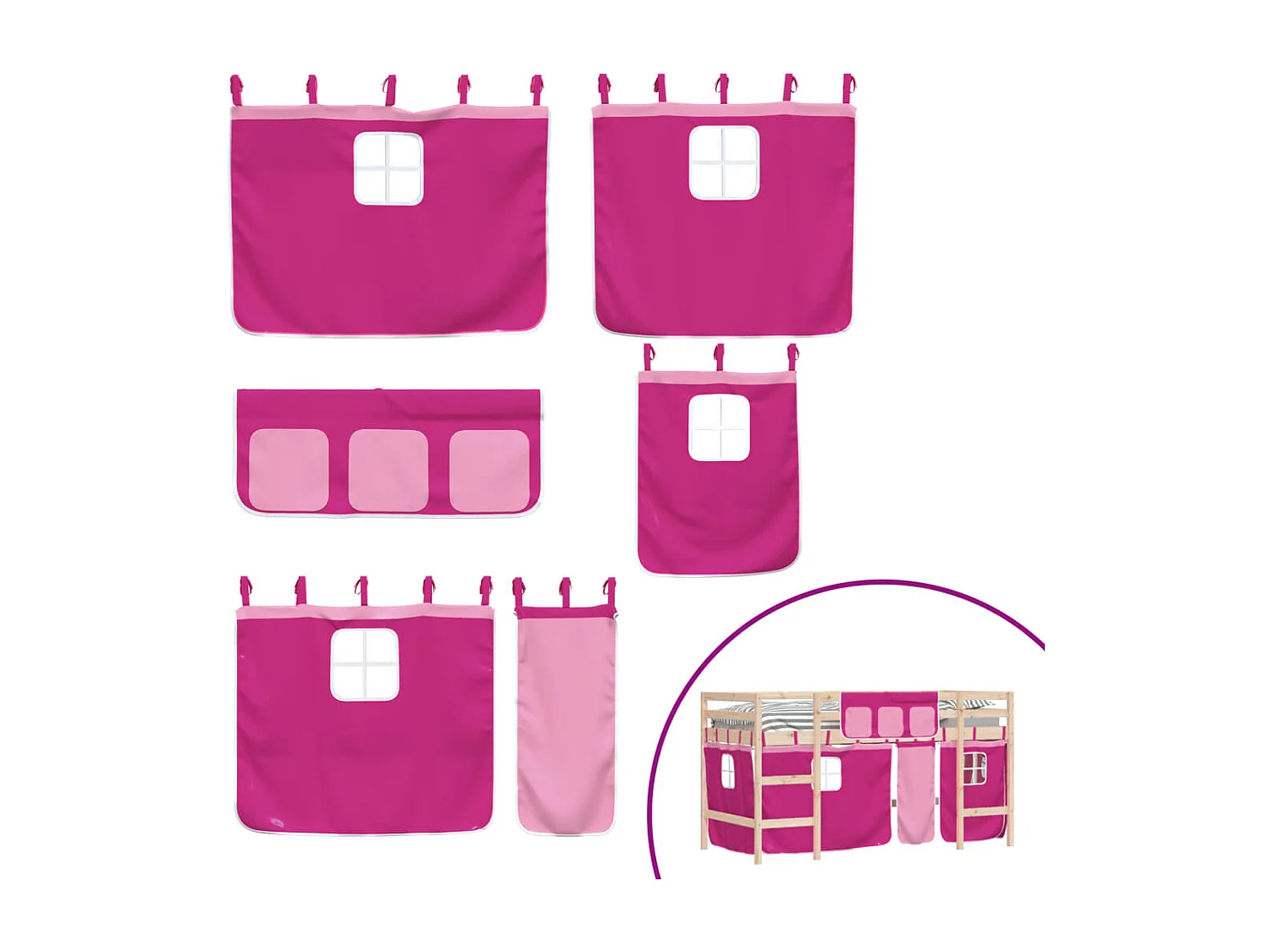 Lit mezzanine enfants et rideaux rose 80x200 bois pin massif