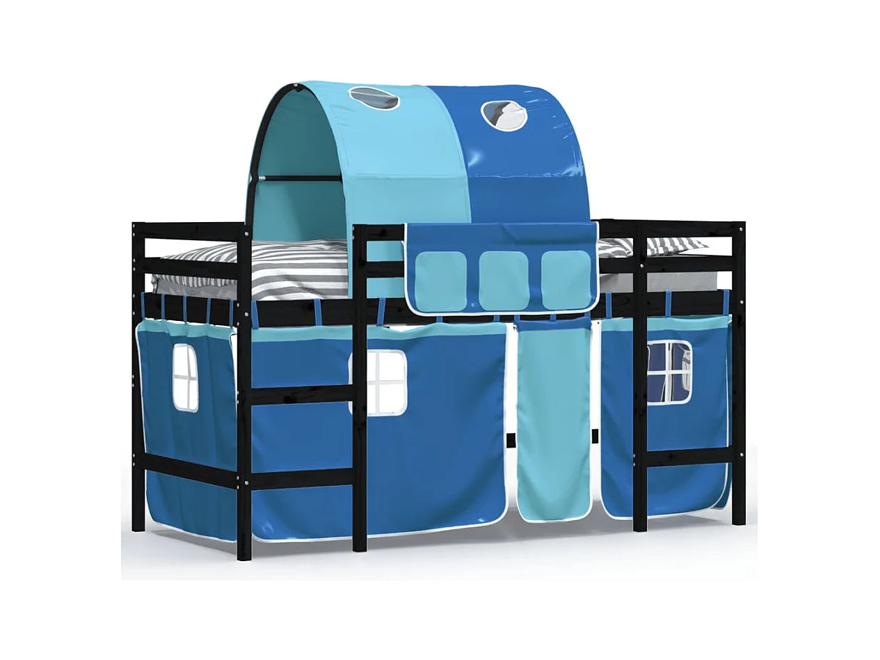 Lit mezzanine enfants et tunnel bleu 90x200 bois pin massif