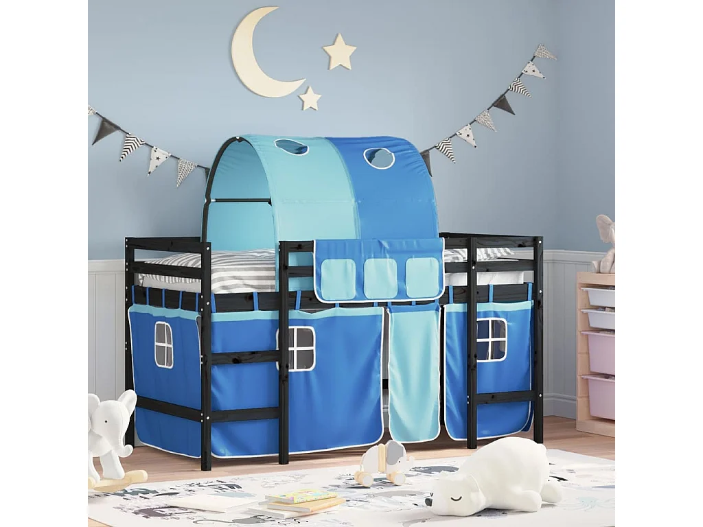 Lit mezzanine enfants et tunnel bleu 90x200 bois pin massif
