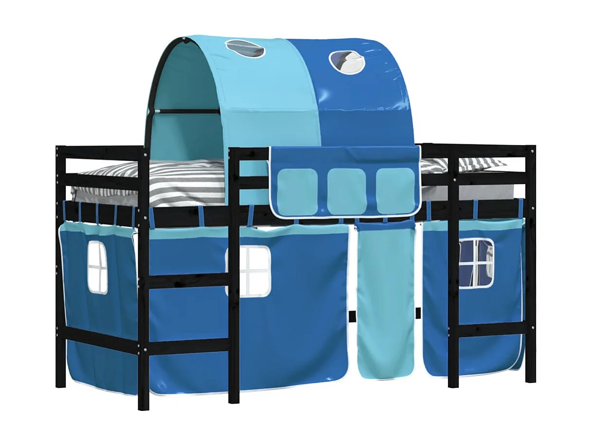 Lit mezzanine enfants et tunnel bleu 90x200 bois pin massif