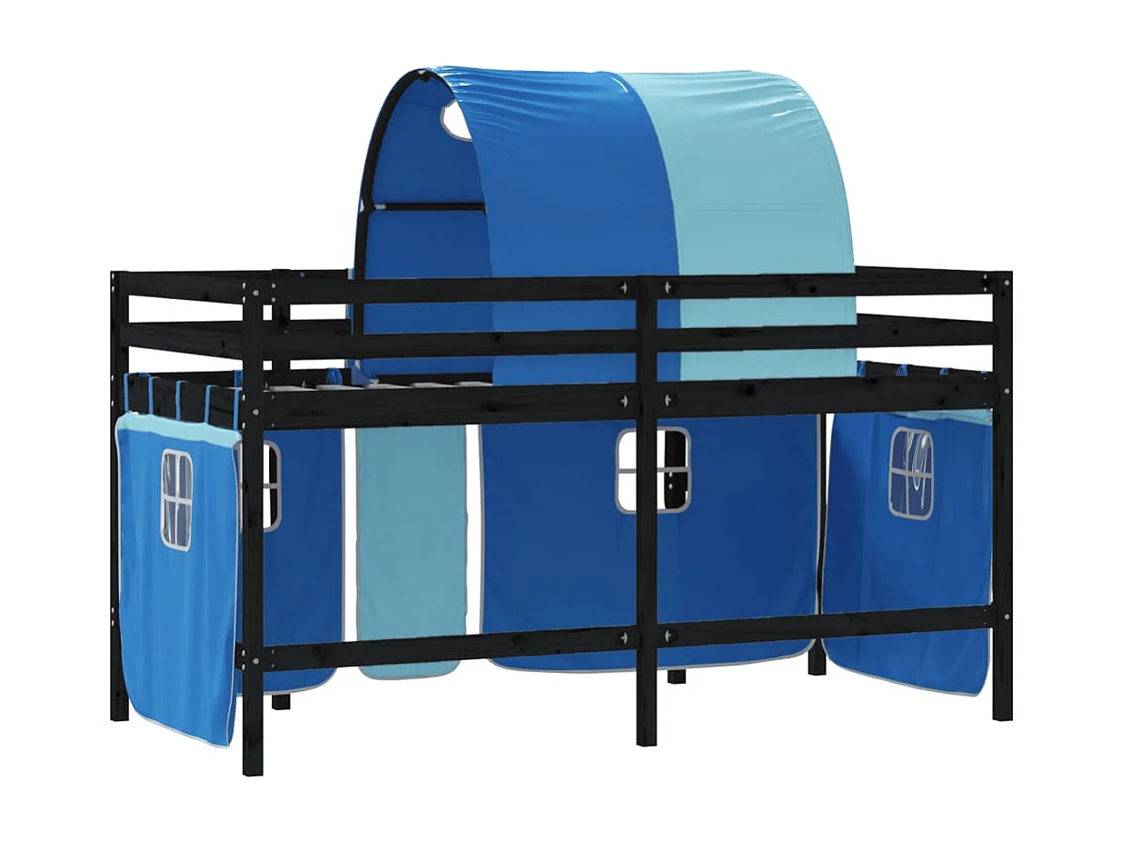 Lit mezzanine enfants et tunnel bleu 90x200 bois pin massif