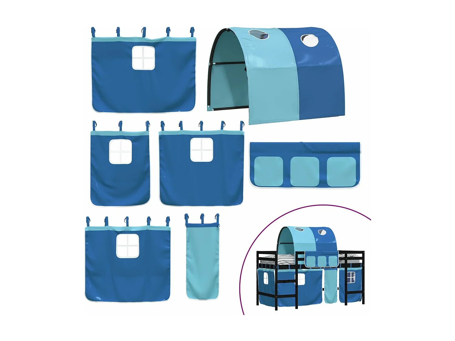 Lit mezzanine enfants et tunnel bleu 90x200 bois pin massif