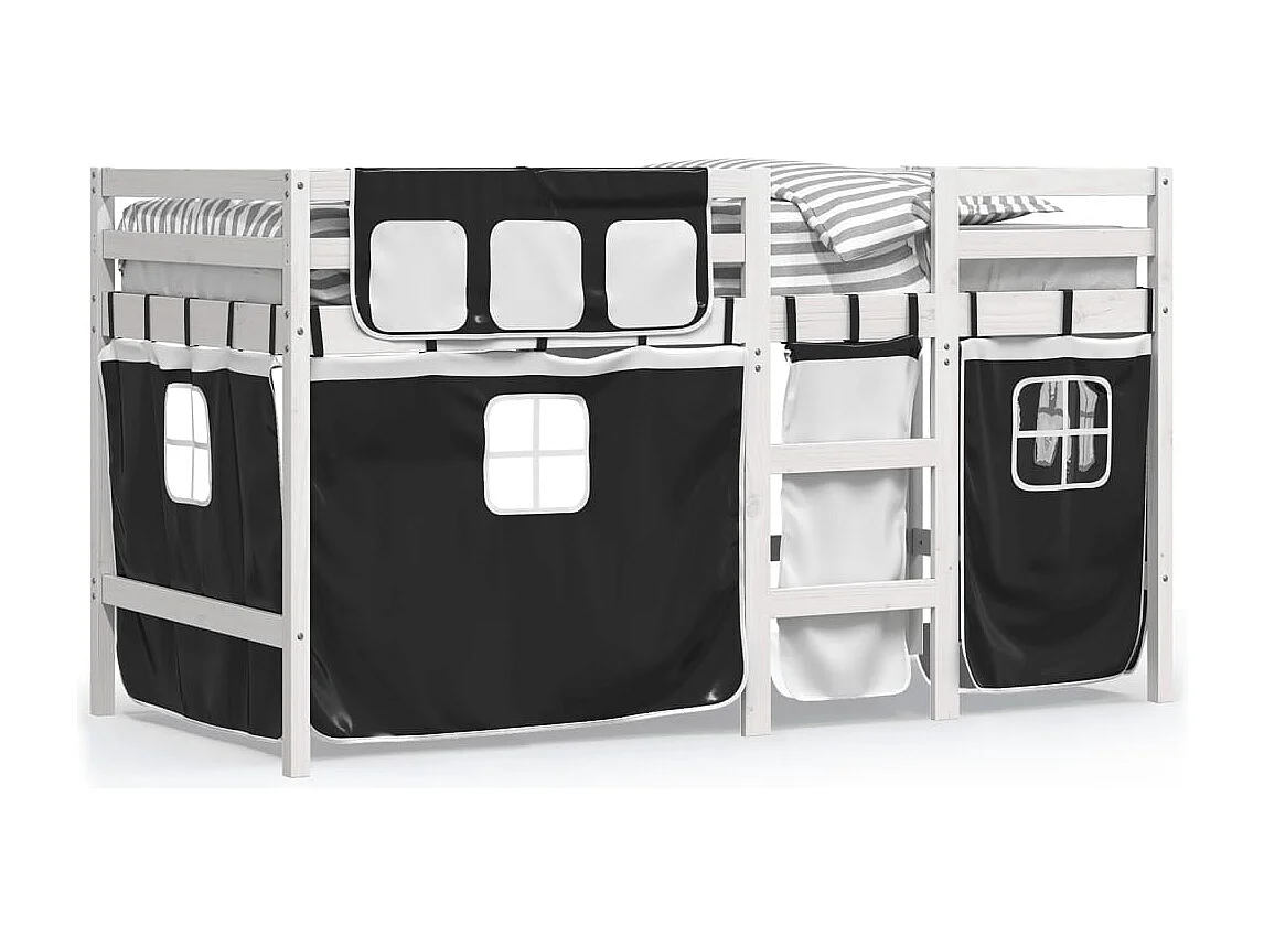 Lit mezzanine enfants et rideaux blanc-noir 80x200 pin massif