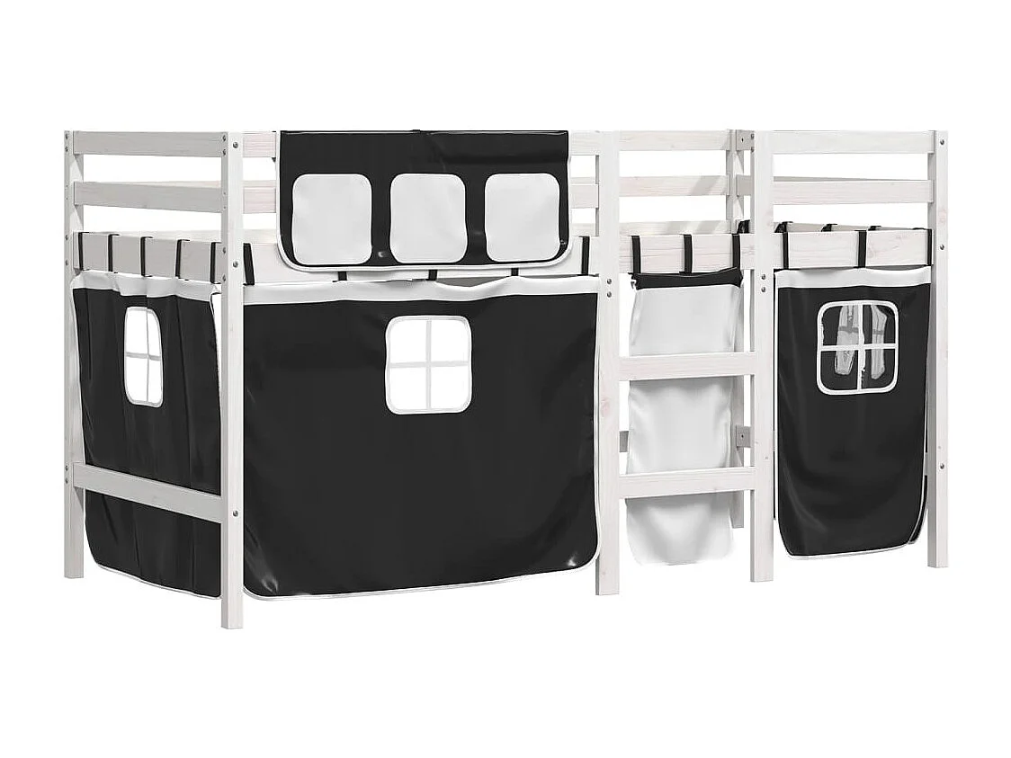 Lit mezzanine enfants et rideaux blanc-noir 80x200 pin massif
