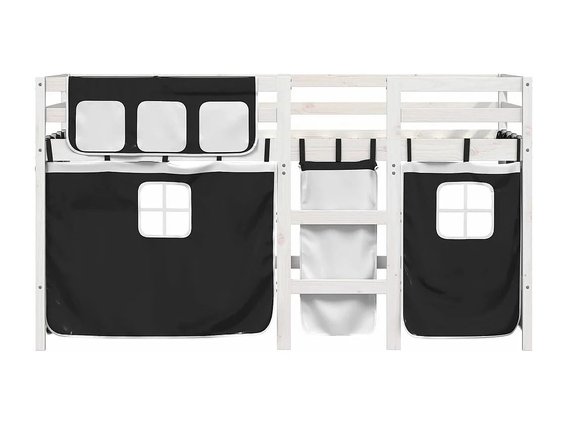 Lit mezzanine enfants et rideaux blanc-noir 80x200 pin massif
