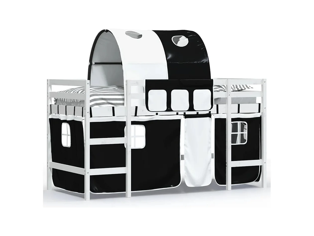 Lit mezzanine enfants et tunnel blanc-noir 80x200 pin massif