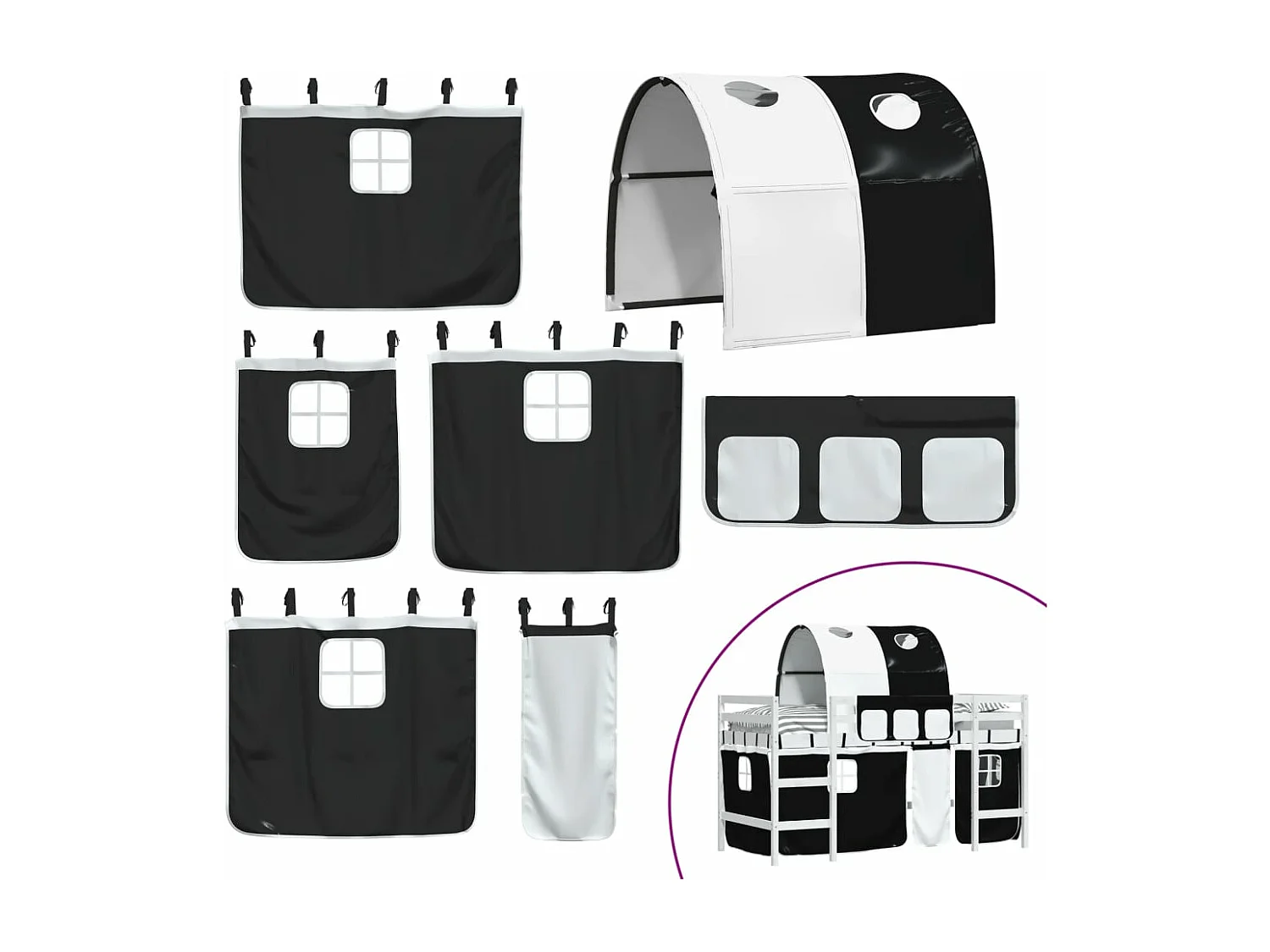 Lit mezzanine enfants et tunnel blanc-noir 80x200 pin massif