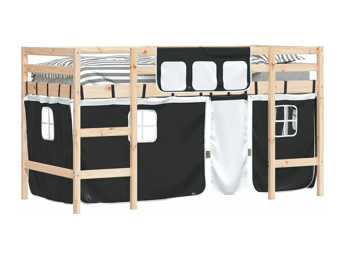 Lit mezzanine enfants et rideaux blanc-noir 90x200 pin massif
