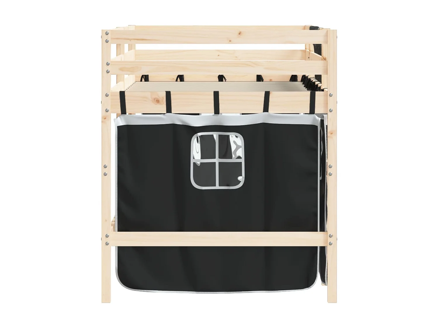 Lit mezzanine enfants et rideaux blanc-noir 90x200 pin massif