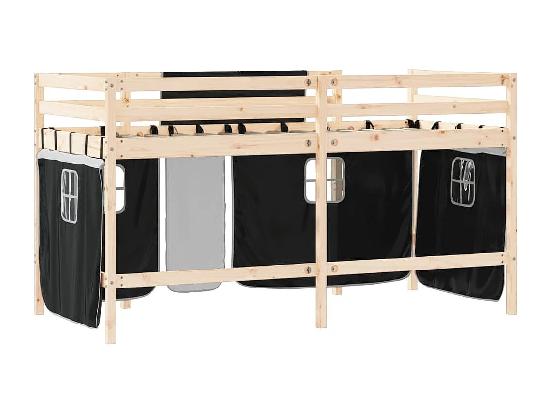 Lit mezzanine enfants et rideaux blanc-noir 90x200 pin massif