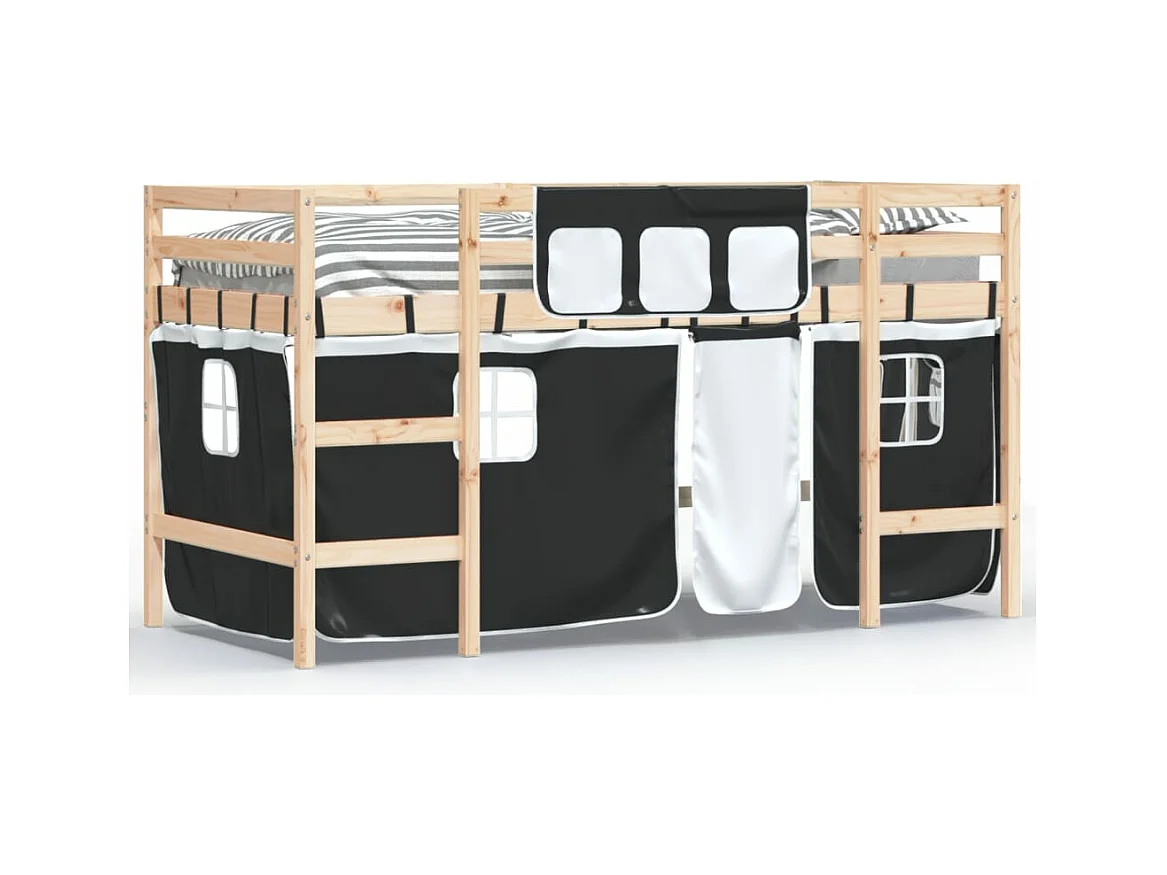 Lit mezzanine enfants et rideaux blanc-noir 90x200 pin massif