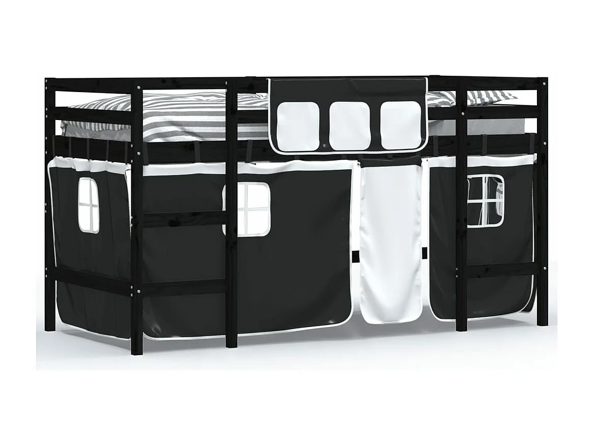 Lit mezzanine enfants et rideaux blanc-noir 80x200 pin massif