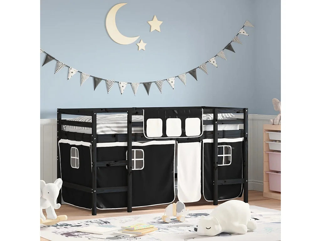Lit mezzanine enfants et rideaux blanc-noir 80x200 pin massif
