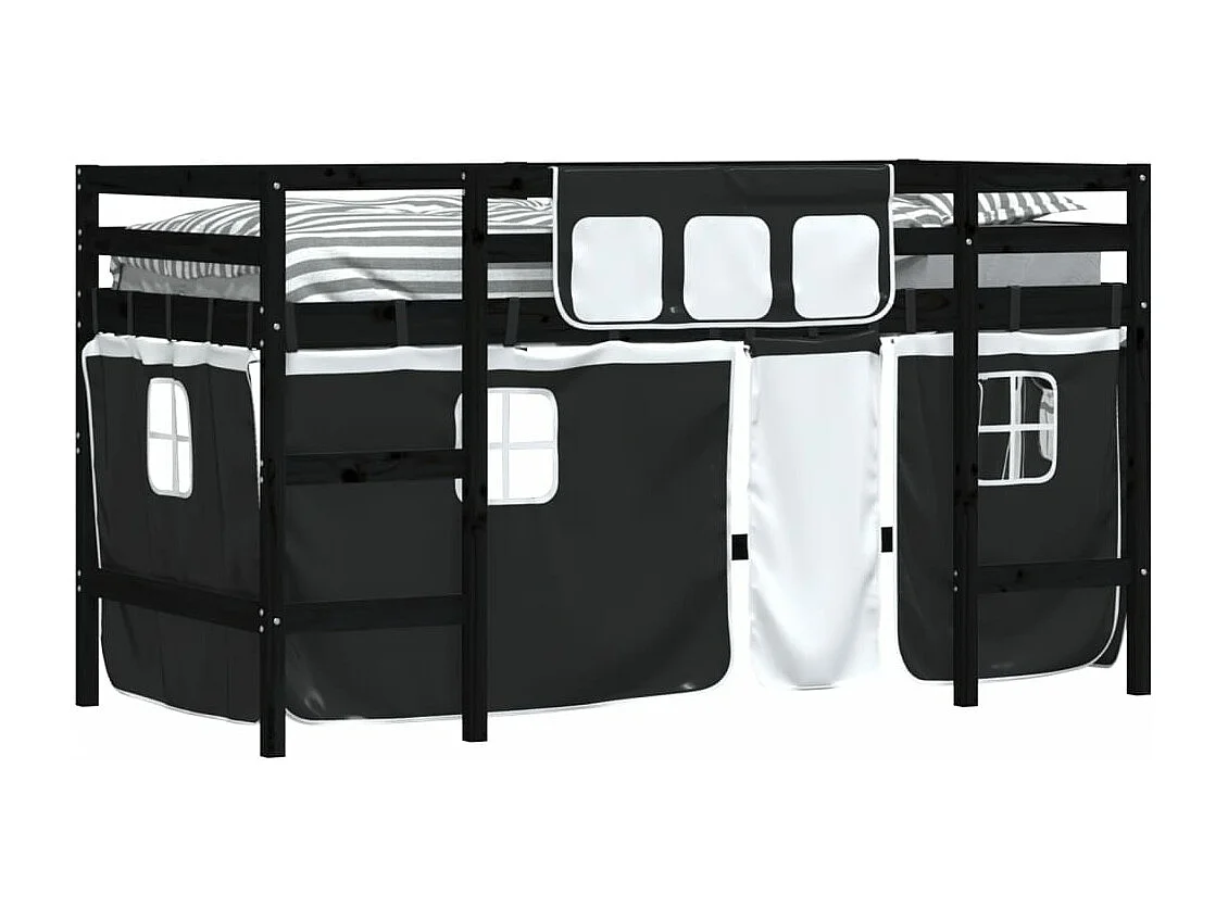 Lit mezzanine enfants et rideaux blanc-noir 80x200 pin massif