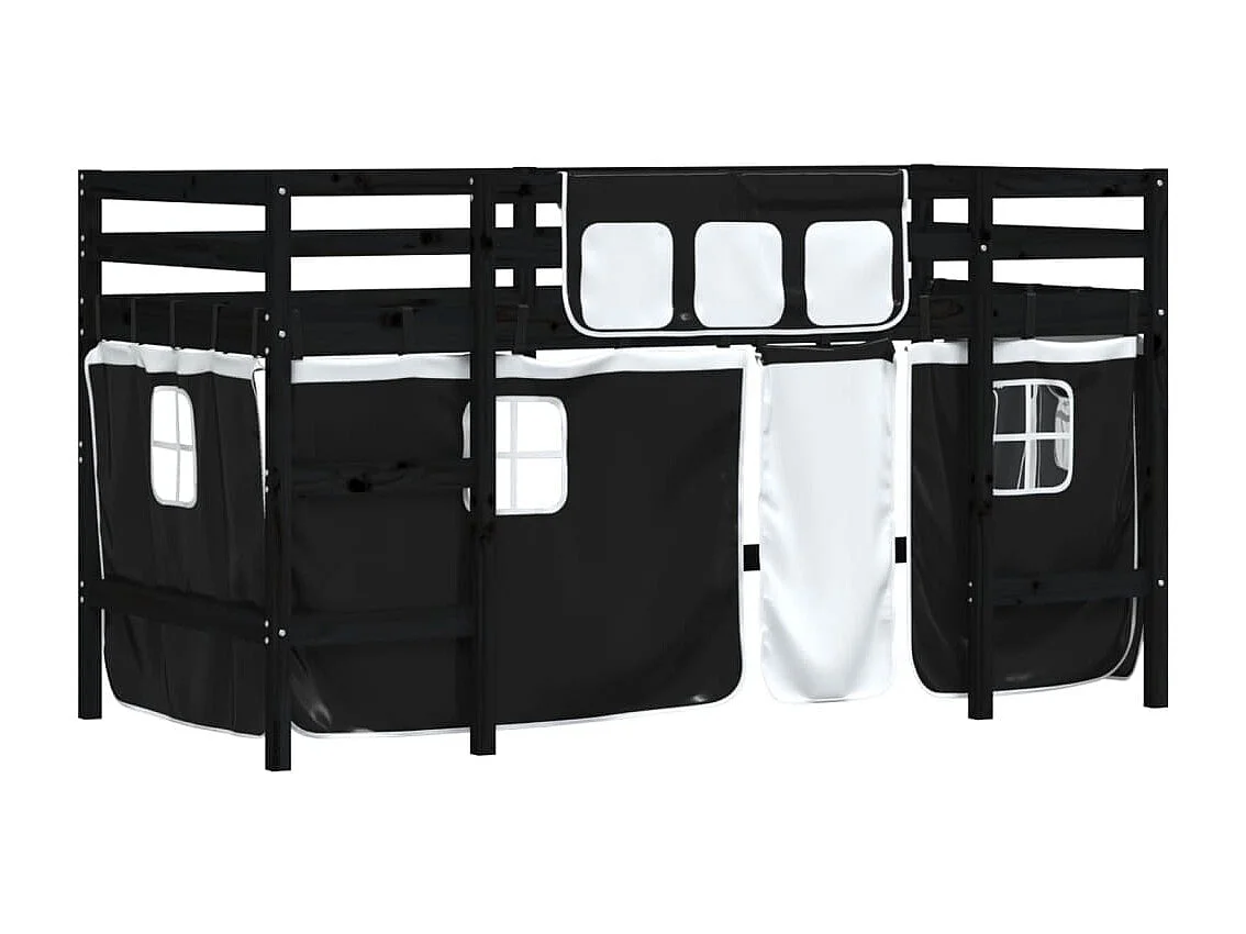 Lit mezzanine enfants et rideaux blanc-noir 80x200 pin massif