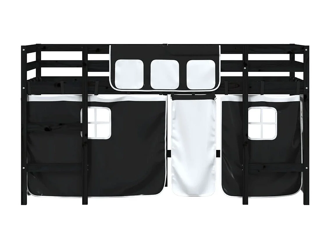 Lit mezzanine enfants et rideaux blanc-noir 80x200 pin massif