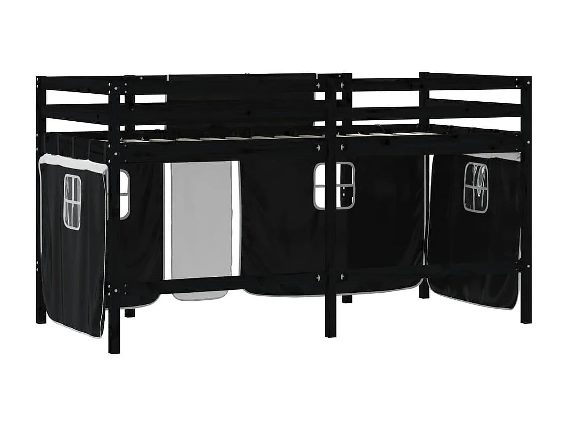 Lit mezzanine enfants et rideaux blanc-noir 80x200 pin massif