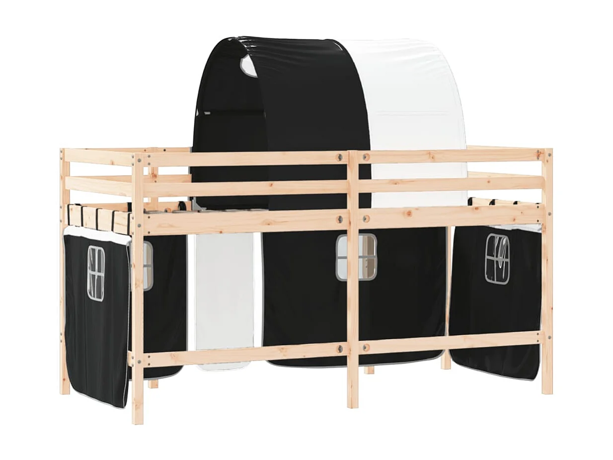 Lit mezzanine enfants et tunnel blanc-noir 90x190 pin massif
