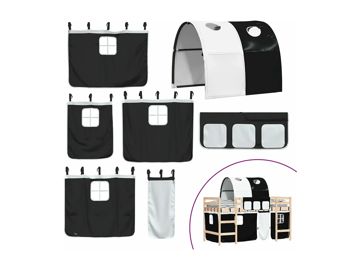 Lit mezzanine enfants et tunnel blanc-noir 90x190 pin massif