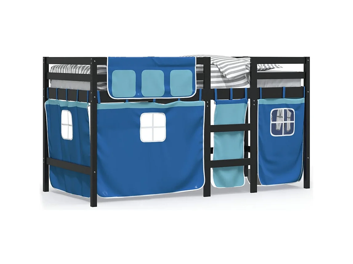 Lit mezzanine enfants et rideaux bleu 90x200 bois pin massif