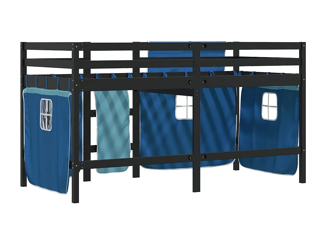 Lit mezzanine enfants et rideaux bleu 90x200 bois pin massif