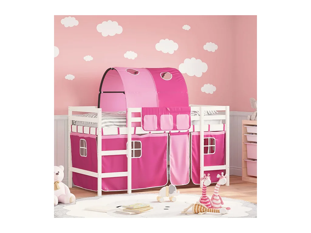 Lit mezzanine enfants et tunnel rose 90x200 bois pin massif
