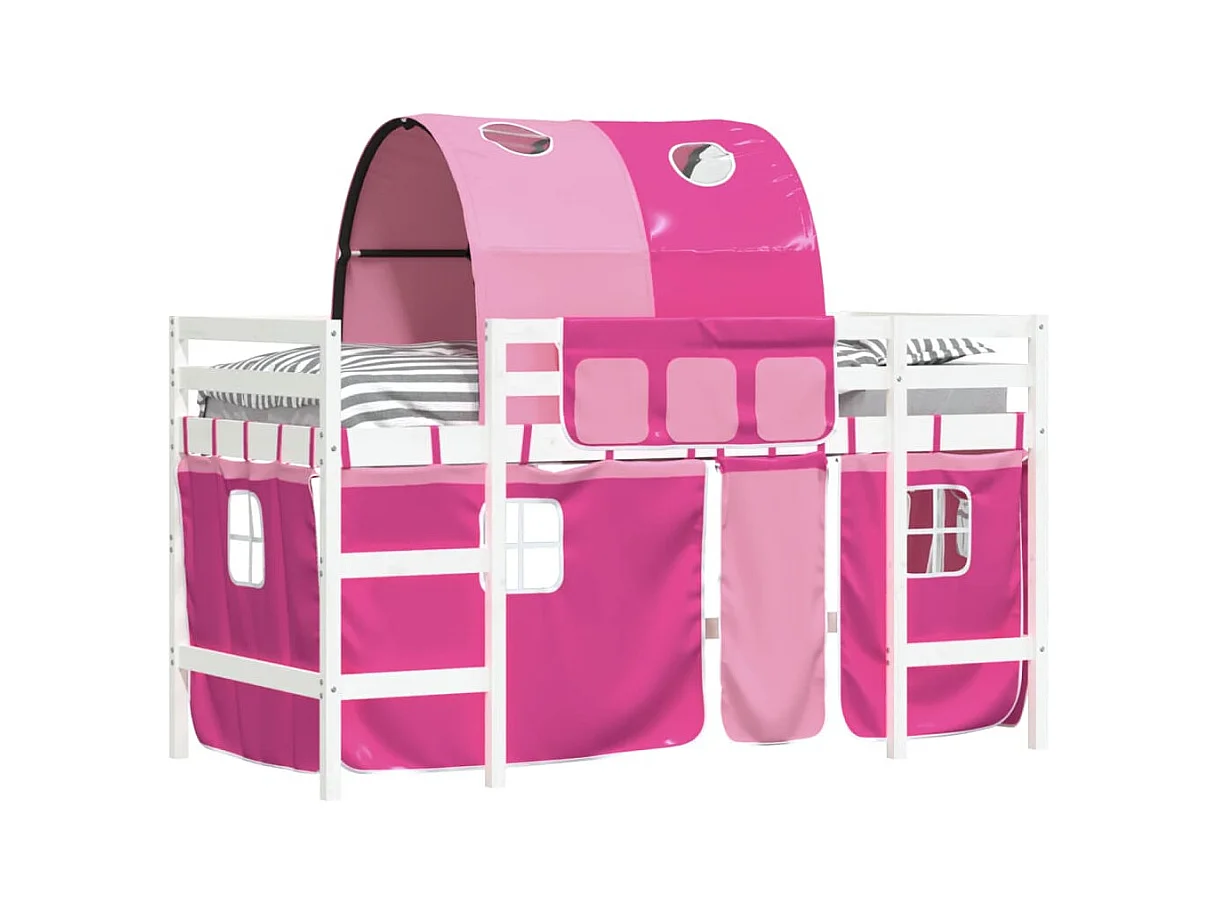 Lit mezzanine enfants et tunnel rose 90x200 bois pin massif