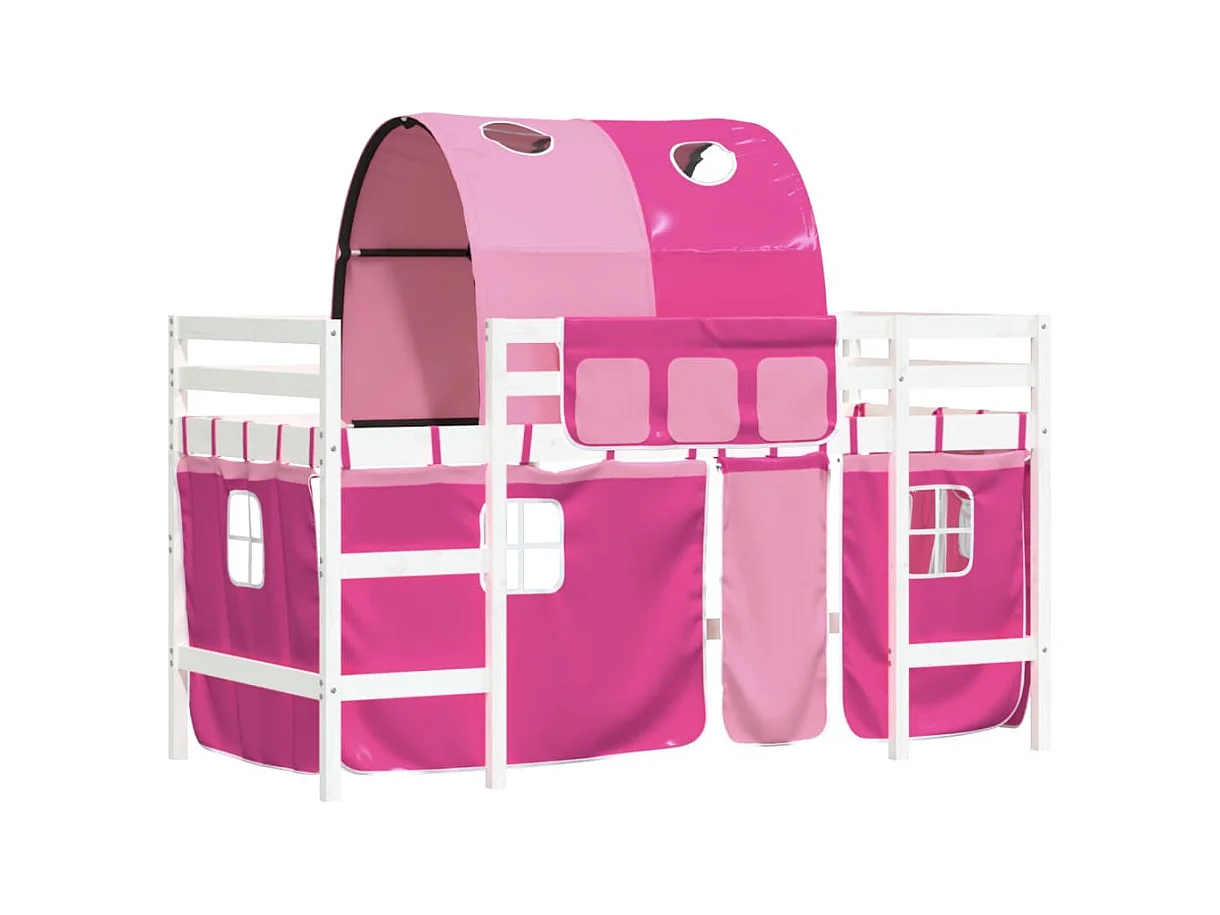 Lit mezzanine enfants et tunnel rose 90x200 bois pin massif