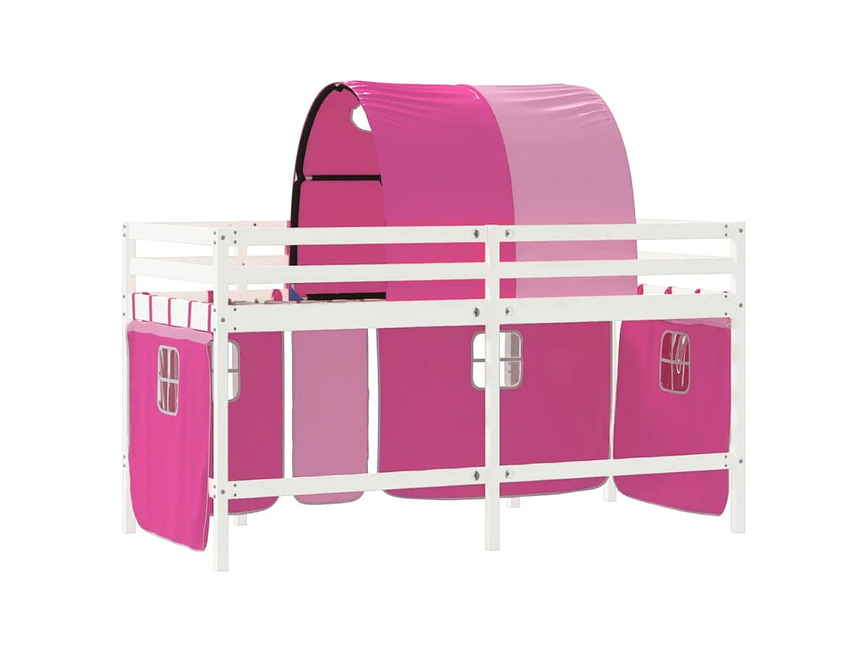 Lit mezzanine enfants et tunnel rose 90x200 bois pin massif