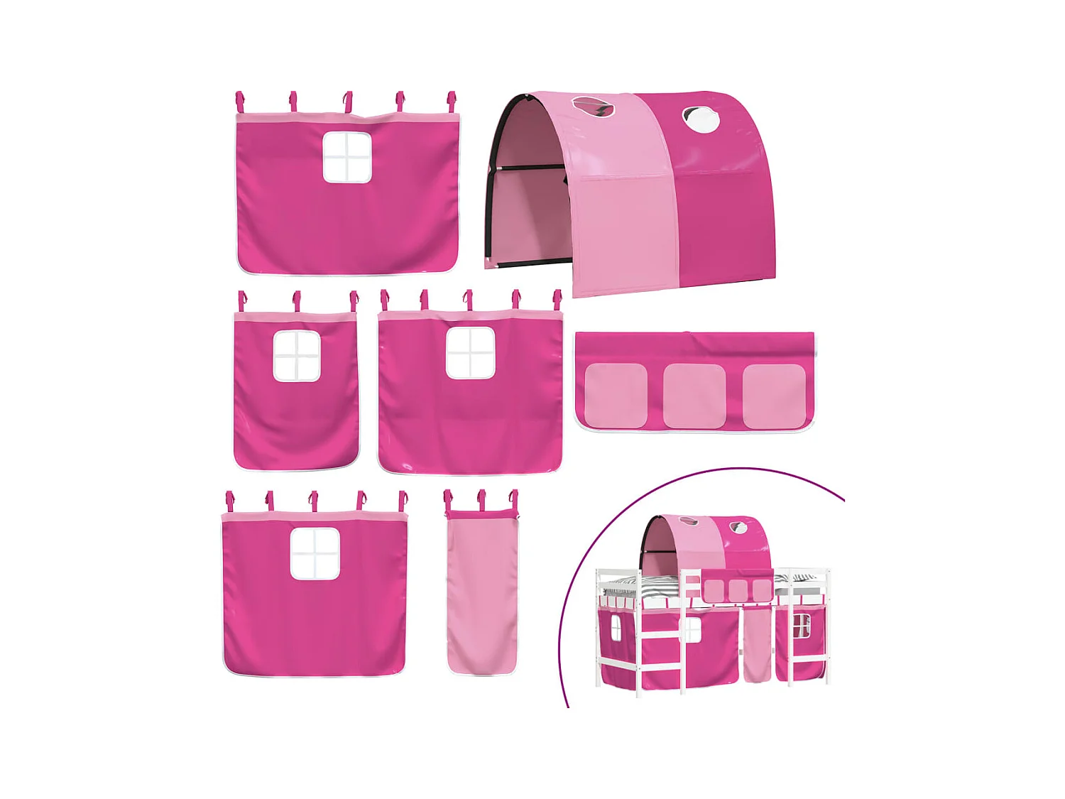 Lit mezzanine enfants et tunnel rose 90x200 bois pin massif