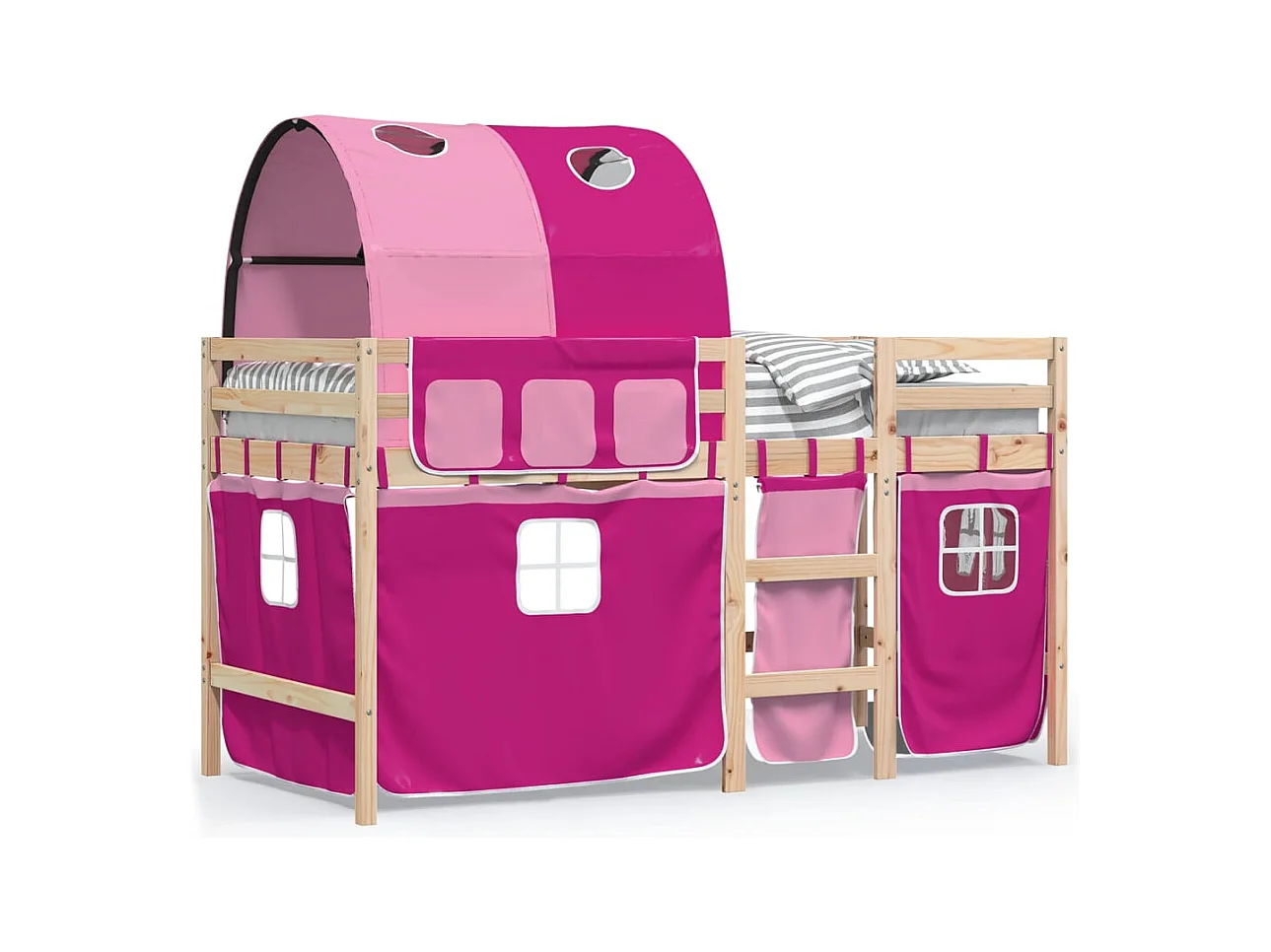 Lit mezzanine enfants avec tunnel rose 90x200 bois pin massif