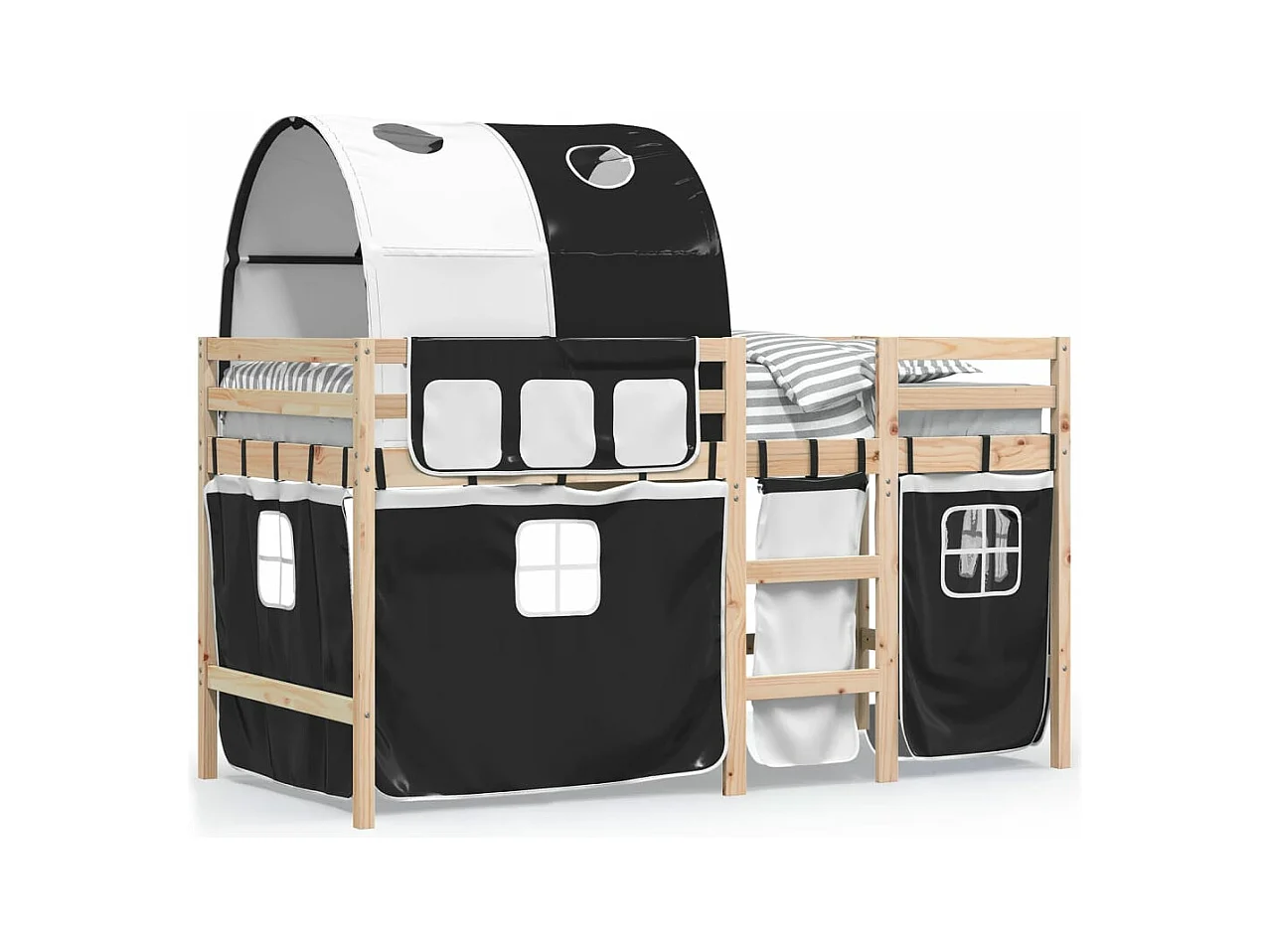 Lit mezzanine enfants et tunnel blanc-noir 80x200 pin massif