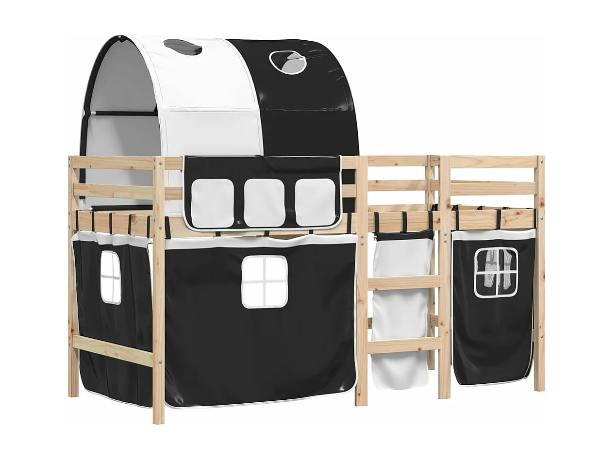 Lit mezzanine enfants et tunnel blanc-noir 80x200 pin massif