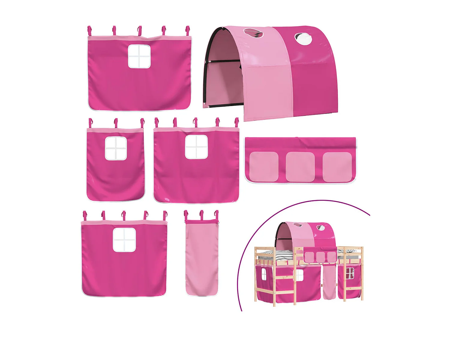 Lit mezzanine enfants avec tunnel rose 90x190 bois pin massif