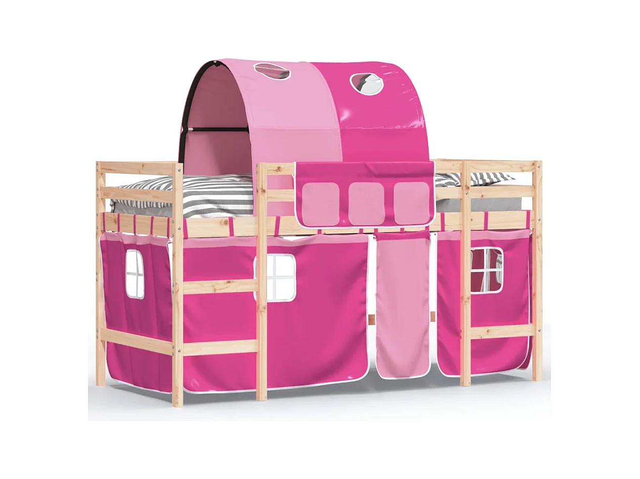 Lit mezzanine enfants avec tunnel rose 90x190 bois pin massif