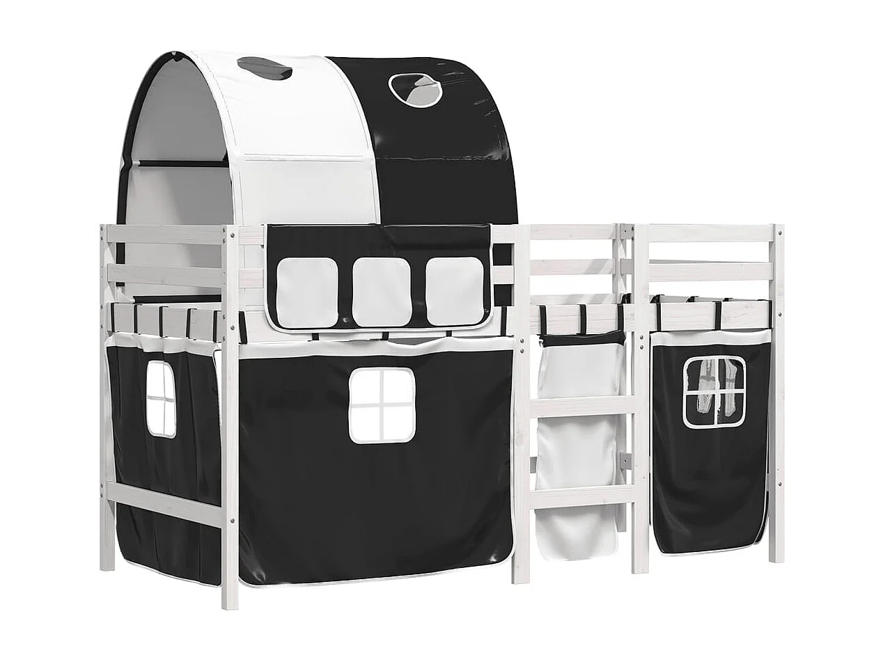 Lit mezzanine enfants et tunnel blanc-noir 90x190 pin massif