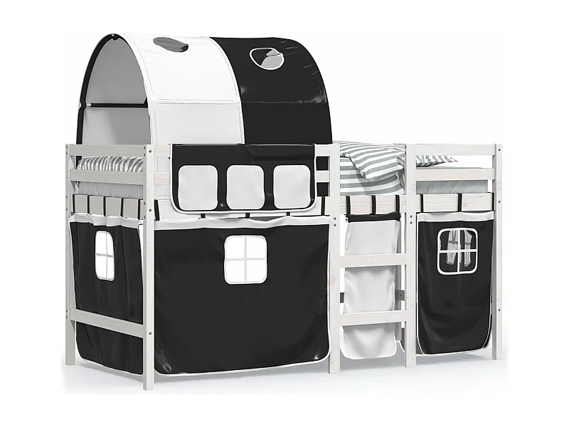 Lit mezzanine enfants et tunnel blanc-noir 90x190 pin massif