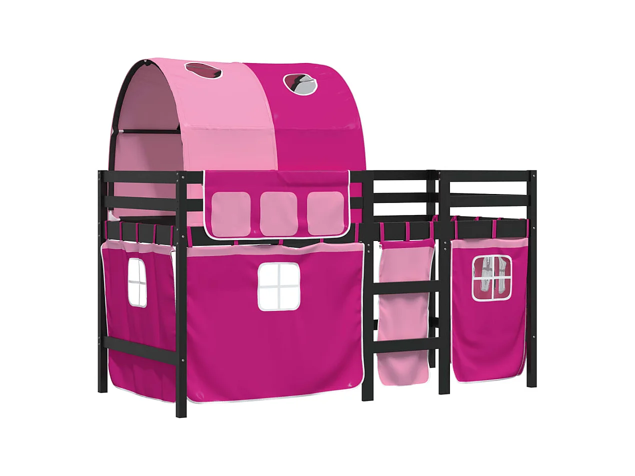 Lit mezzanine enfants avec tunnel rose 80x200 bois pin massif