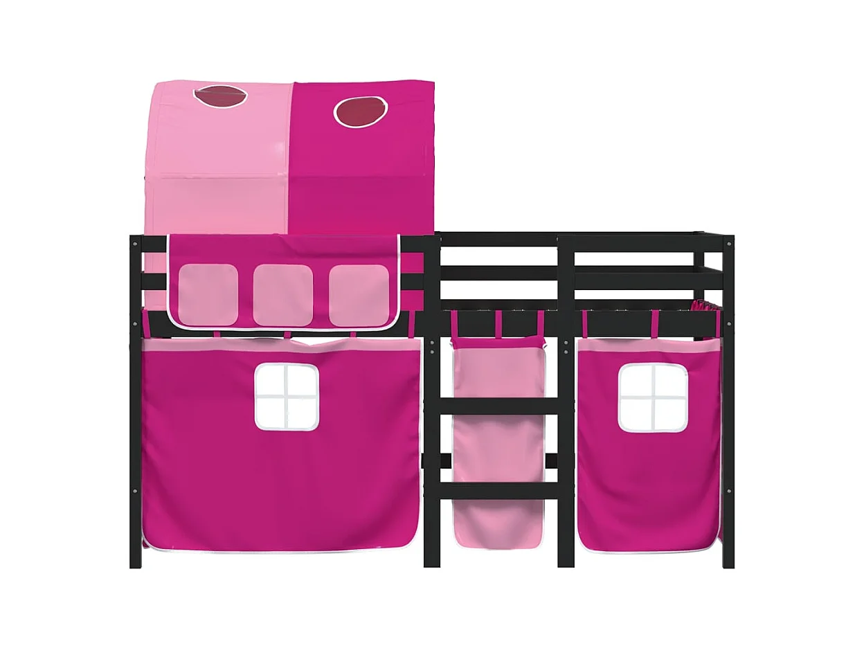Lit mezzanine enfants avec tunnel rose 80x200 bois pin massif