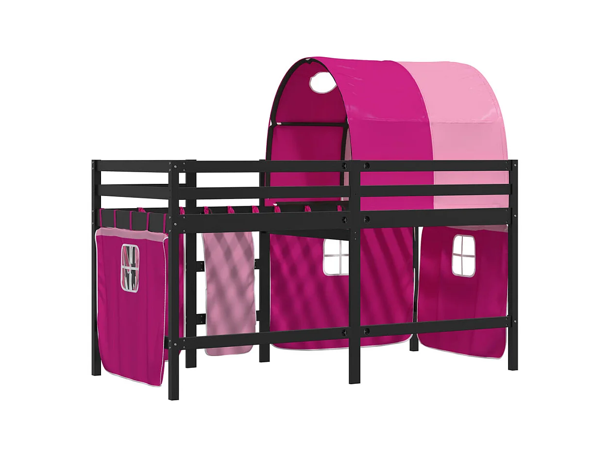 Lit mezzanine enfants avec tunnel rose 80x200 bois pin massif