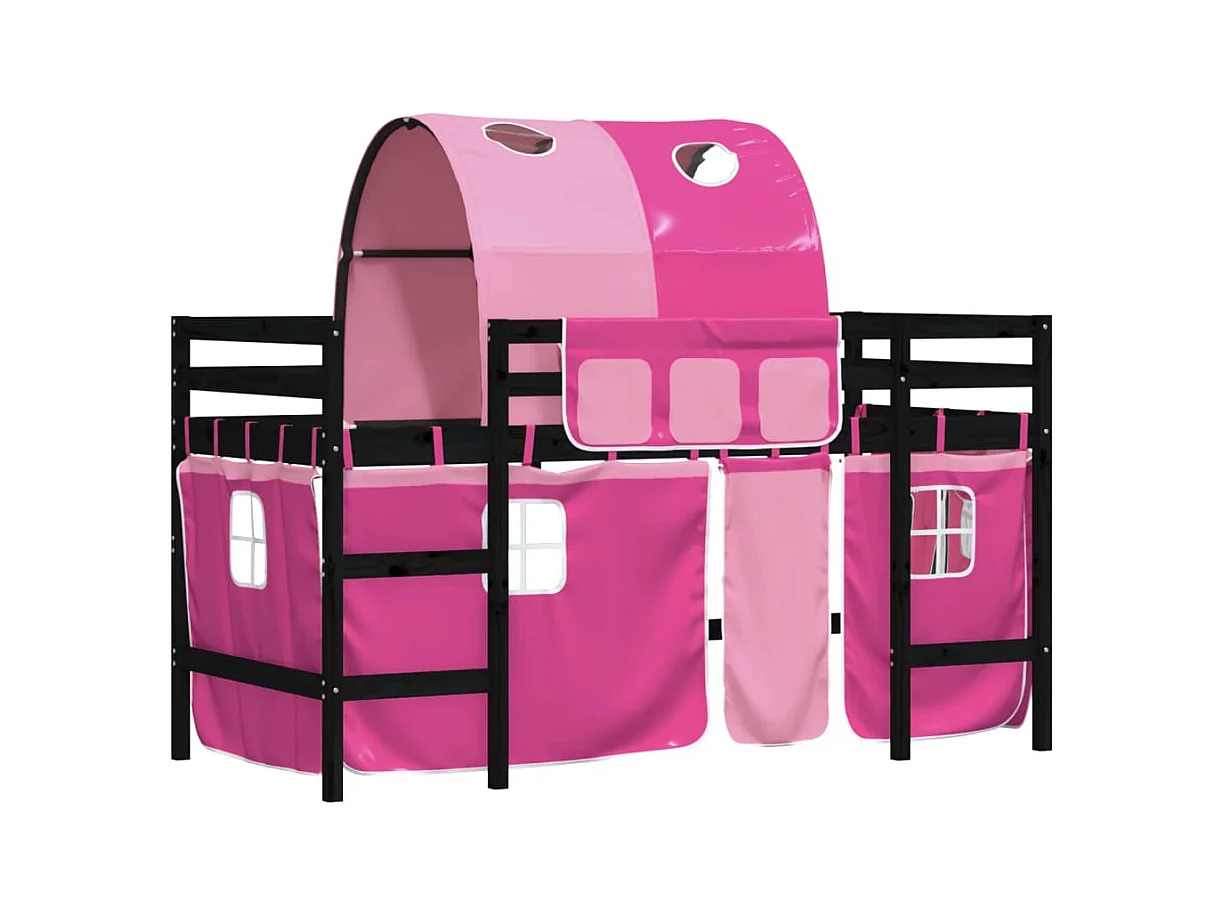 Lit mezzanine enfants avec tunnel rose 80x200 bois pin massif