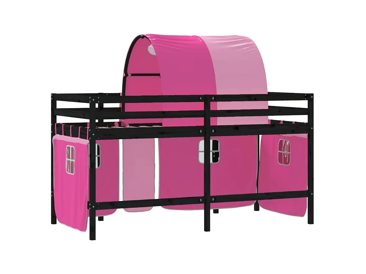 Lit mezzanine enfants avec tunnel rose 80x200 bois pin massif