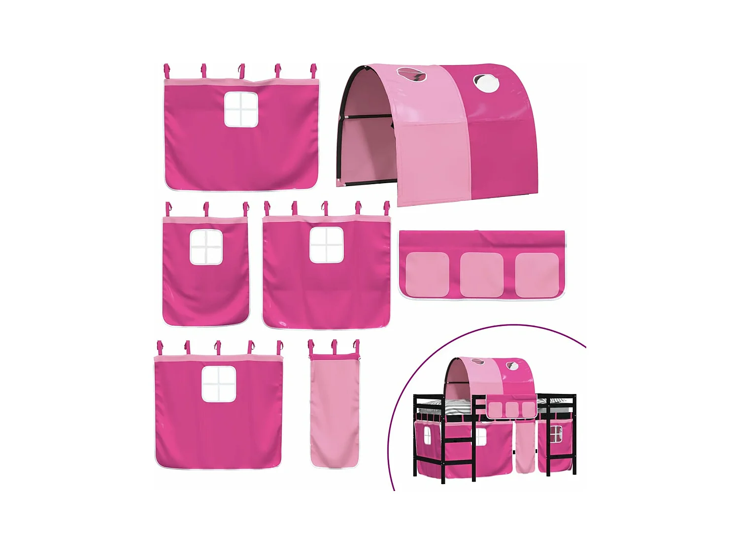 Lit mezzanine enfants avec tunnel rose 80x200 bois pin massif