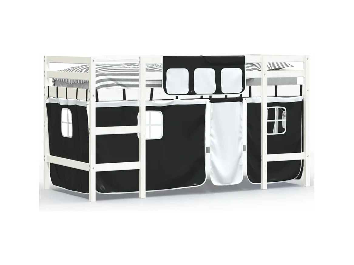 Lit mezzanine enfants et rideaux blanc-noir 90x190 pin massif